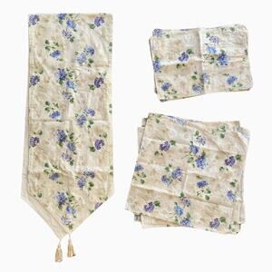 Vintage 90s Pier 1 Hydrangea Table Runner Set Placemats Napkins Floral Cotton